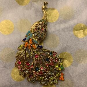 Vintage D’orlan?numbered Gold tone Peacock Brooch with Multicolor Accents